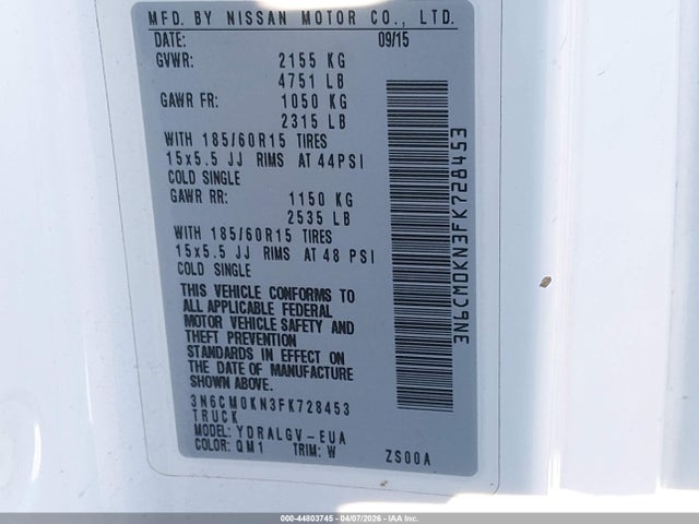 Продажа на аукционе авто 2015 Nissan Nv200 Sv, vin: 3N6CM0KN3FK728453, номер лота: 44803745
