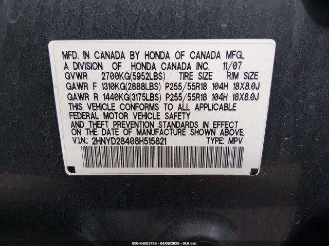 44803748 :رقم المزاد ، 2HNYD28408H515821 vin ، 2008 Acura Mdx Technology Package مزاد بيع