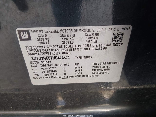 Продаж на аукціоні авто 2017 Gmc Sierra 1500 Slt, vin: 3GTU2NEC7HG424374, номер лоту: 44803754