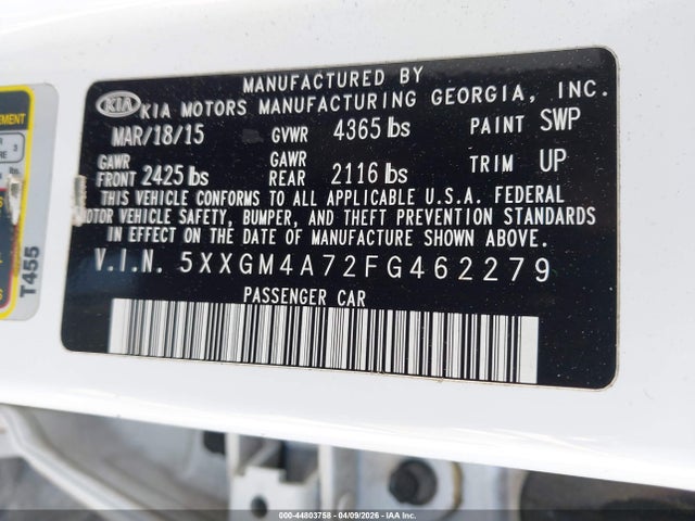 2015 Kia Optima Lx მანქანა იყიდება აუქციონზე, vin: 5XXGM4A72FG462279, აუქციონის ნომერი: 44803758