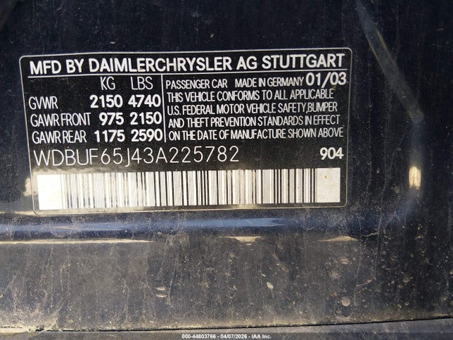 Продаж на аукціоні авто 2003 Mercedes-benz E 320, vin: WDBUF65J43A225782, номер лоту: 44803766