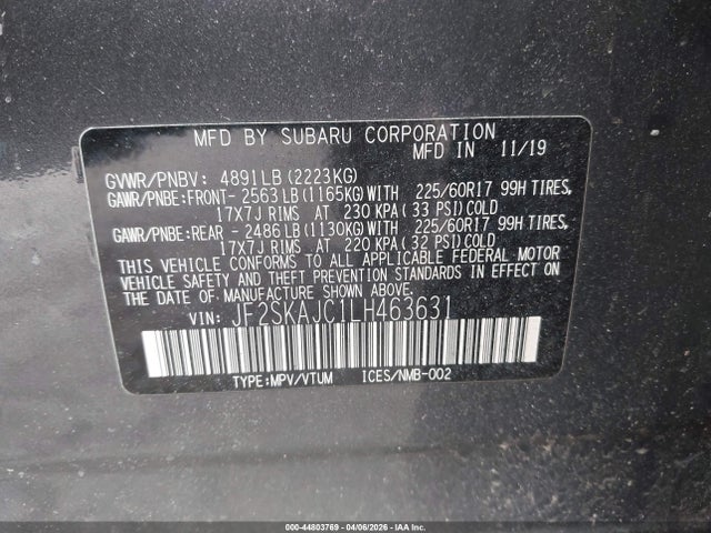 2020 Subaru Forester Premium მანქანა იყიდება აუქციონზე, vin: JF2SKAJC1LH463631, აუქციონის ნომერი: 44803769