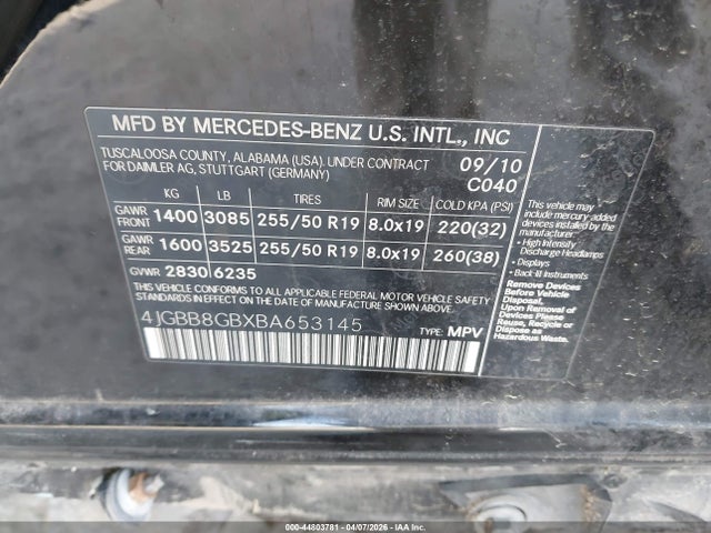 Aukcja sprzedaży 2011 Mercedes-benz Ml 350 4matic, vin: 4JGBB8GBXBA653145, numer aukcji: 44803781