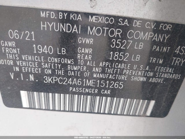 2021 Hyundai Accent Se მანქანა იყიდება აუქციონზე, vin: 3KPC24A61ME151265, აუქციონის ნომერი: 44803782