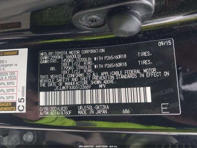 Продаж на аукціоні авто 2016 Lexus 460 Luxury, vin: JTJJM7FX4G5123669, номер лоту: 44803797