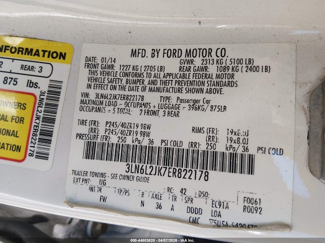 2014 Lincoln Mkz მანქანა იყიდება აუქციონზე, vin: 3LN6L2JK7ER822178, აუქციონის ნომერი: 44803820