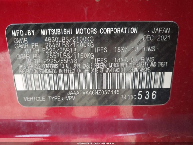 Aukcja sprzedaży 2022 Mitsubishi Eclipse Cross Le S-awc, vin: JA4ATVAA6NZ057445, numer aukcji: 44803826