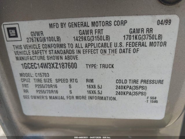 Продаж на аукціоні авто 1999 Chevrolet Silverado 1500, vin: 1GCEC14W3XZ187600, номер лоту: 44803831