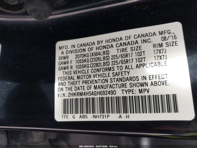 Продаж на аукціоні авто 2016 Honda Cr-v Ex, vin: 2HKRM4H54GH692490, номер лоту: 44803833