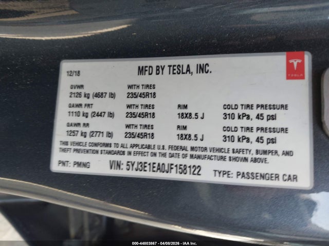 Aukcja sprzedaży 2018 Tesla Model 3 Long Range/mid Range, vin: 5YJ3E1EA0JF158122, numer aukcji: 44803867
