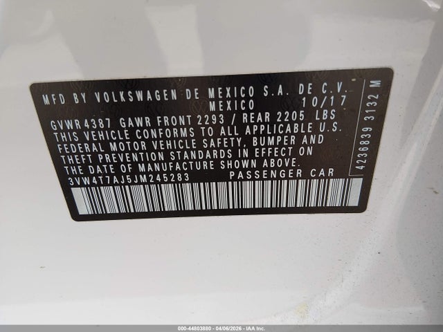 44803880 :رقم المزاد ، 3VW4T7AJ5JM245283 vin ، 2018 Volkswagen Jetta 2.0t Gli مزاد بيع
