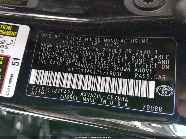 Продажа на аукционе авто 2023 Toyota Camry Le, vin: 4T1C11AK4PU748006, номер лота: 44803883