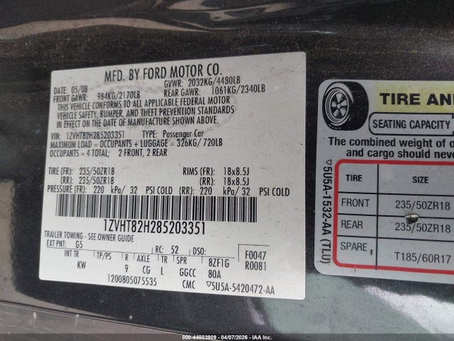 Продаж на аукціоні авто 2008 Ford Mustang Gt Premium, vin: 1ZVHT82H285203351, номер лоту: 44803909