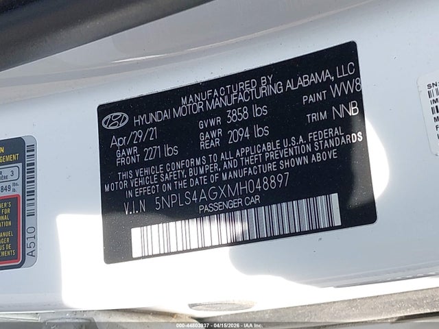 Продаж на аукціоні авто 2021 Hyundai Elantra Sel, vin: 5NPLS4AGXMH048897, номер лоту: 44803937