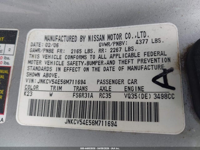 2006 INFINITI G35 JNKCV54E56M711694 Photo 8