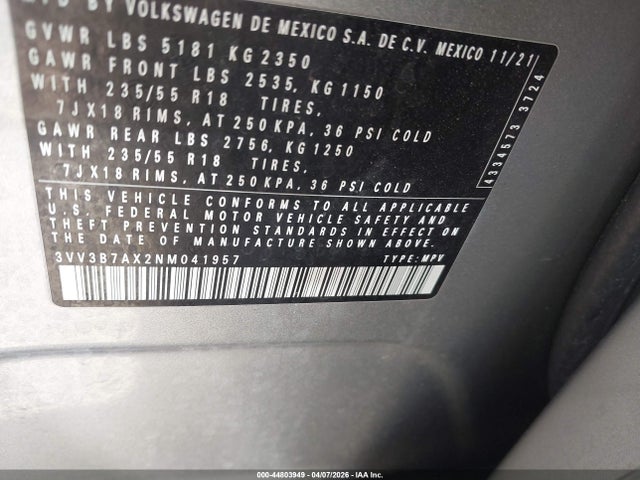 Продаж на аукціоні авто 2022 Volkswagen Tiguan 2.0t Se, vin: 3VV3B7AX2NM041957, номер лоту: 44803949