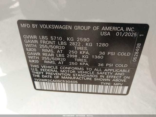 Продаж на аукціоні авто 2025 Volkswagen Atlas 2.0t Se W/technology, vin: 1V2WR2CA0SC530405, номер лоту: 44803959
