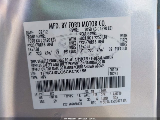 Aukcja sprzedaży 2012 Ford Escape Limited, vin: 1FMCU0EG6CKC16155, numer aukcji: 44803961