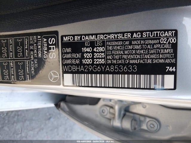 Продаж на аукціоні авто 2000 Mercedes-benz C 280, vin: WDBHA29G6YA853633, номер лоту: 44803969