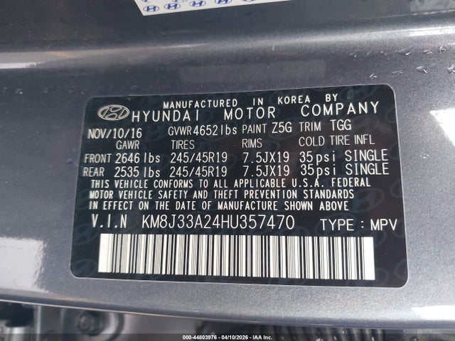 Aukcja sprzedaży 2017 Hyundai Tucson Sport, vin: KM8J33A24HU357470, numer aukcji: 44803976