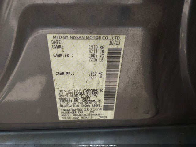2014 Nissan Altima 2.5 Sl მანქანა იყიდება აუქციონზე, vin: 1N4AL3AP5EC167524, აუქციონის ნომერი: 44803979