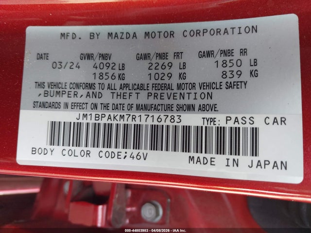 Aukcja sprzedaży 2024 Mazda Mazda3 2.5 S Select Sport, vin: JM1BPAKM7R1716783, numer aukcji: 44803983