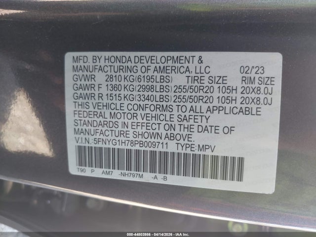 Aukcja sprzedaży 2023 Honda Pilot Awd Touring, vin: 5FNYG1H78PB009711, numer aukcji: 44803986