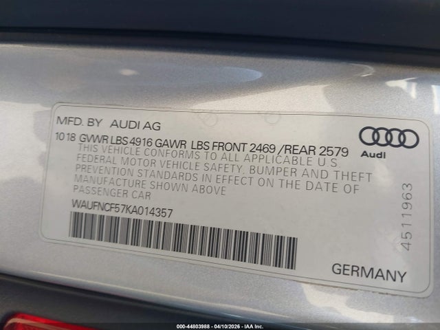 44803988 :رقم المزاد ، WAUFNCF57KA014357 vin ، 2019 Audi A5 45 Premium مزاد بيع