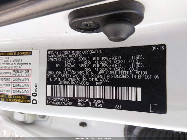 2013 Toyota 4runner Sr5 მანქანა იყიდება აუქციონზე, vin: JTEBU5JR6D5140842, აუქციონის ნომერი: 44803990