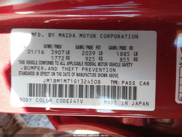 Aukcja sprzedaży 2016 Mazda Mazda3 I Touring, vin: JM1BM1M71G1324508, numer aukcji: 44804010