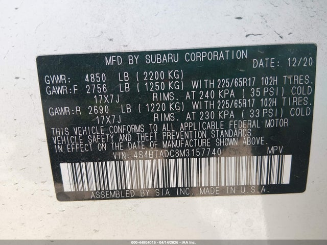 Aukcja sprzedaży 2021 Subaru Outback Premium, vin: 4S4BTADC8M3157740, numer aukcji: 44804016