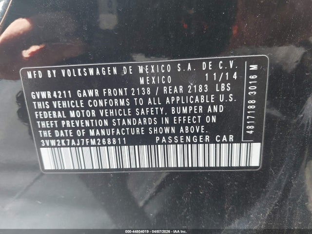 44804019 :رقم المزاد ، 3VW2K7AJ7FM268811 vin ، 2015 Volkswagen Jetta 2.0l S مزاد بيع