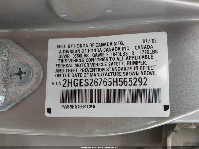 2005 Honda Civic Ex მანქანა იყიდება აუქციონზე, vin: 2HGES26765H565292, აუქციონის ნომერი: 44804040