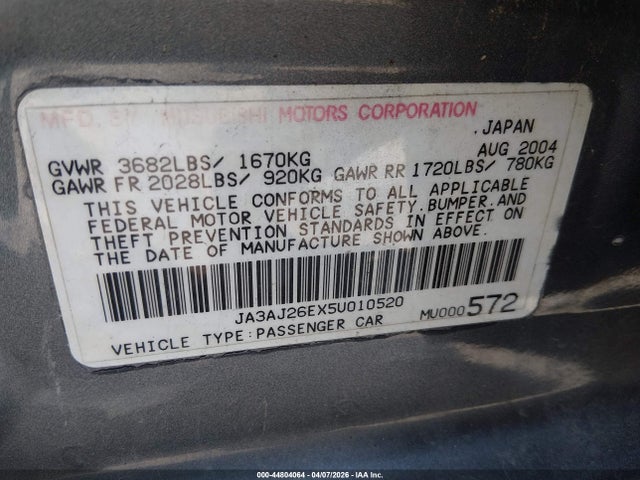 Aukcja sprzedaży 2005 Mitsubishi Lancer Es, vin: JA3AJ26EX5U010520, numer aukcji: 44804064
