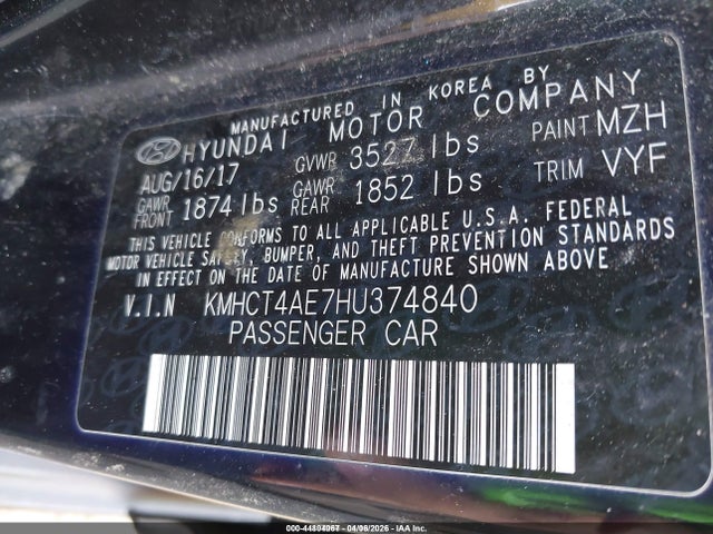 KMHCT4AE7HU374840 Hyundai ACCENT SE