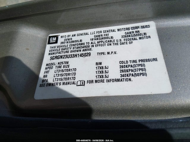 2003 HUMMER H2 5GRGN23U33H145029 Photo 8