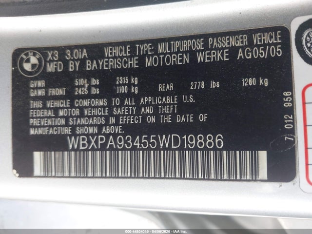Продаж на аукціоні авто 2005 Bmw X3 3.0i, vin: WBXPA93455WD19886, номер лоту: 44804089