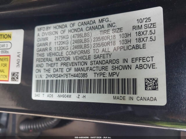 Auction sale of the 2026 Honda Cr-v Ex-l Awd, vin: 2HKRS4H76TH440385, lot number: 44804096