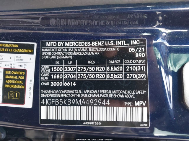 44804105 :رقم المزاد ، 4JGFB5KB9MA492944 vin ، 2021 Mercedes-benz Gle 450 4matic مزاد بيع