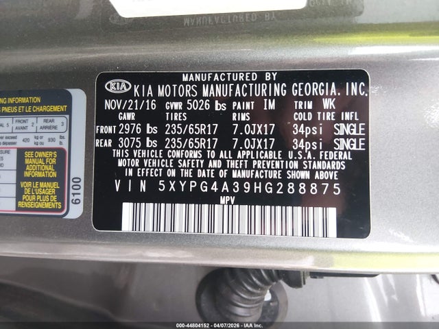 Продажа на аукционе авто 2017 Kia Sorento 2.4l L, vin: 5XYPG4A39HG288875, номер лота: 44804152