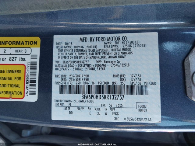Продаж на аукціоні авто 2019 Ford Fusion Se, vin: 3FA6P0HD5KR132757, номер лоту: 44804160
