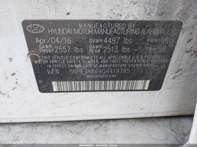44804167 :رقم المزاد ، 5NPE34AF4GH419795 vin ، 2016 Hyundai Sonata Limited مزاد بيع