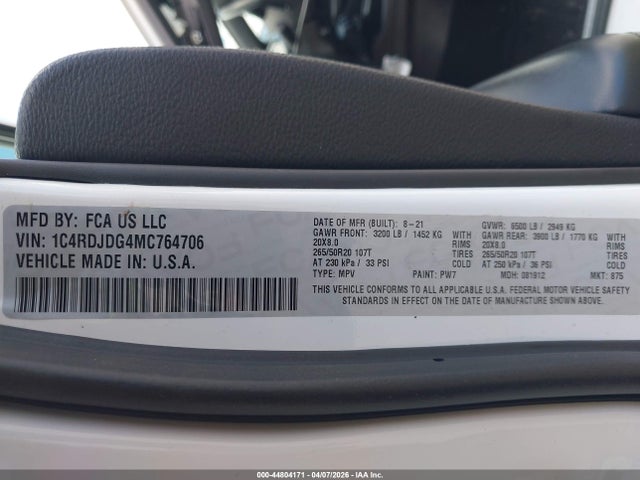 2021 Dodge Durango Gt Plus Awd მანქანა იყიდება აუქციონზე, vin: 1C4RDJDG4MC764706, აუქციონის ნომერი: 44804171