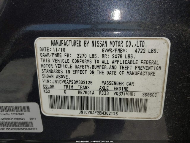 44804172 :رقم المزاد ، JN1CV6AP2BM302126 vin ، 2011 Infiniti G37 Journey مزاد بيع