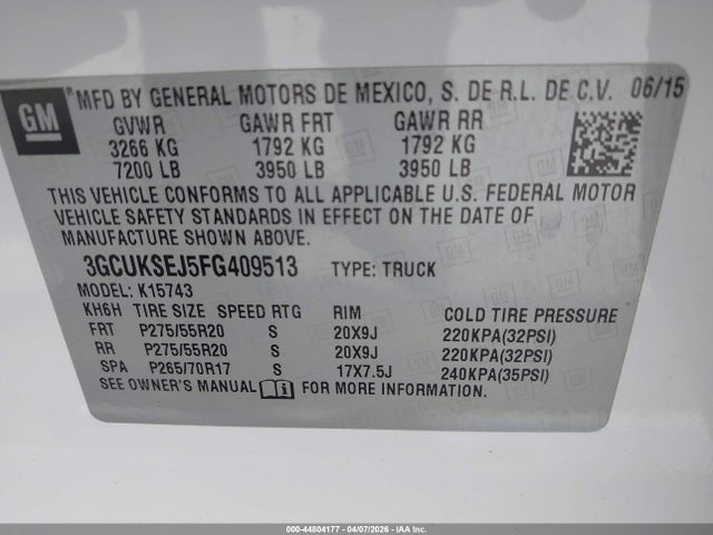 Aukcja sprzedaży 2015 Chevrolet Silverado 1500 2lz, vin: 3GCUKSEJ5FG409513, numer aukcji: 44804177
