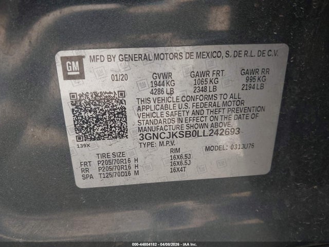Продаж на аукціоні авто 2020 Chevrolet Trax Fwd Ls, vin: 3GNCJKSB0LL242693, номер лоту: 44804182