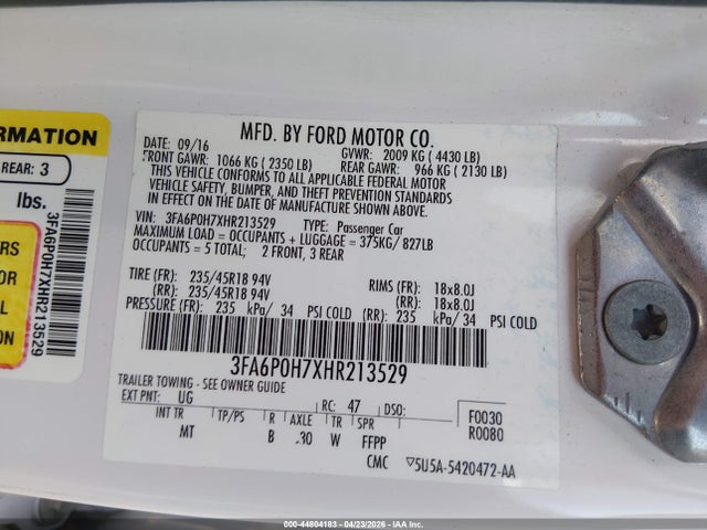 Ford FUSION SE 2017 3FA6P0H7XHR213529 Image 9