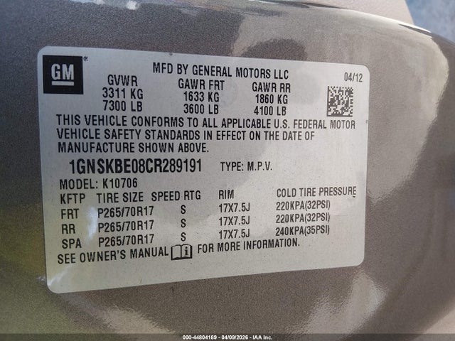 2012 CHEVROLET TAHOE 1GNSKBE08CR289191 Photo 8