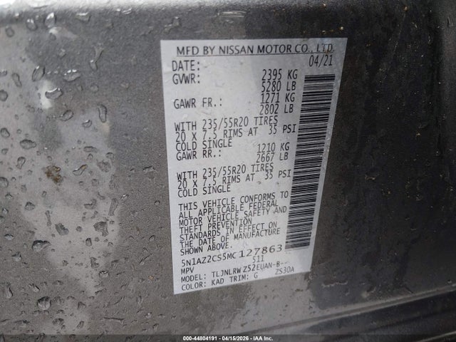 2021 Nissan Murano Sl Intelligent Awd მანქანა იყიდება აუქციონზე, vin: 5N1AZ2CS5MC127863, აუქციონის ნომერი: 44804191