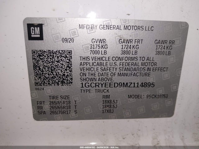 Продаж на аукціоні авто 2021 Chevrolet Silverado 1500 4wd  Standard Bed Rst, vin: 1GCRYEED9MZ114895, номер лоту: 44804192